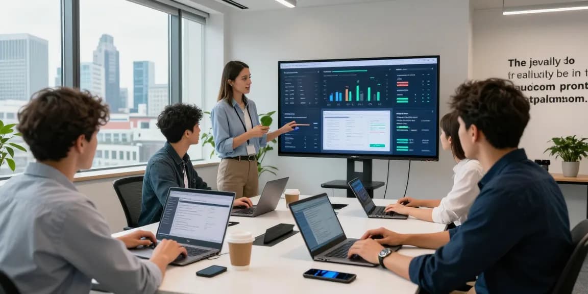 Collaboration in a modern office showcasing london business it support with tech gadgets, analytics dashboards, and urban skyline.
