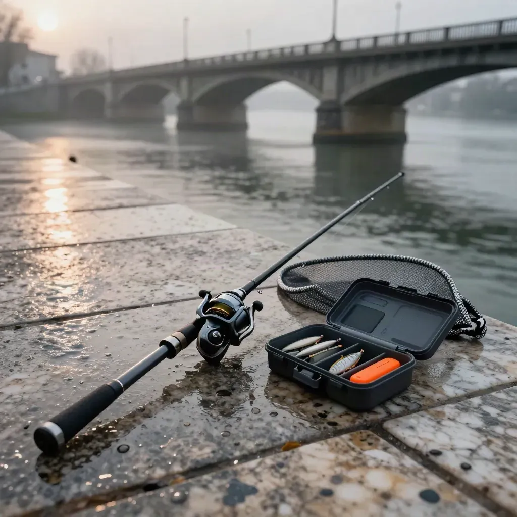 Kit da pesca sul Tevere all’alba, su molo bagnato e ponte in lontananza.