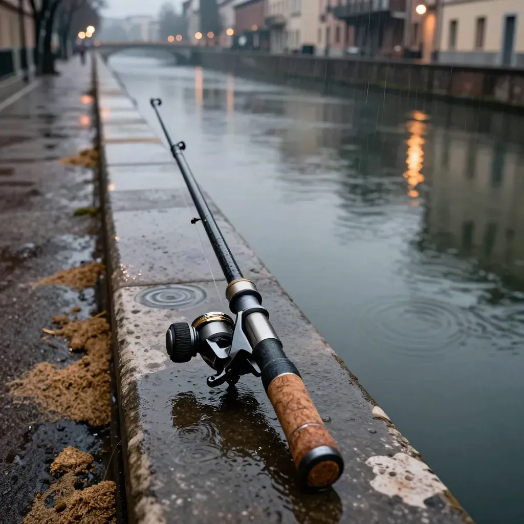 Canna da pesca sul Naviglio Martesana al crepuscolo, pioggia fine e riflessi dei lampioni.