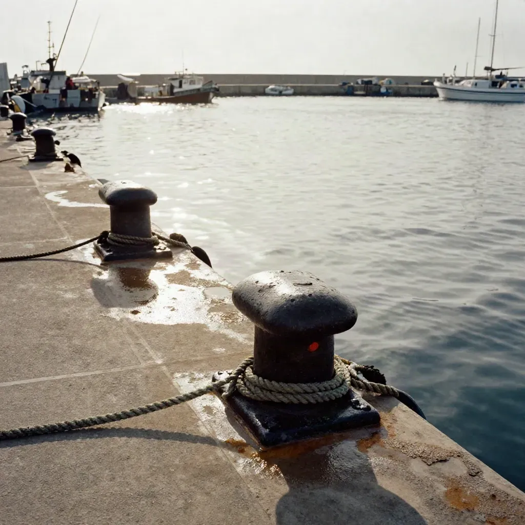 Molo del porto di Genova con cime tese, spruzzi e canna appoggiata al bordo.