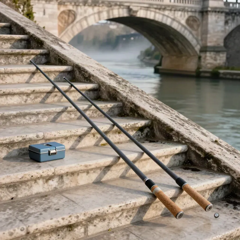 Scale in travertino sul Tevere con due canne corte, cassetta esche chiusa e muro umido sotto un ponte romano.
