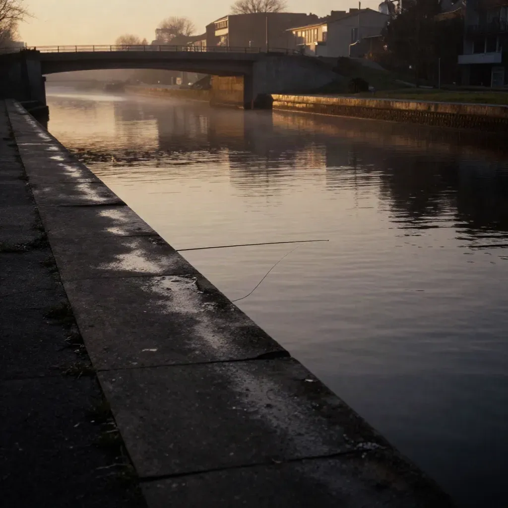 Canale urbano al crepuscolo con ponte basso e lenza tesa sull'acqua immobile.