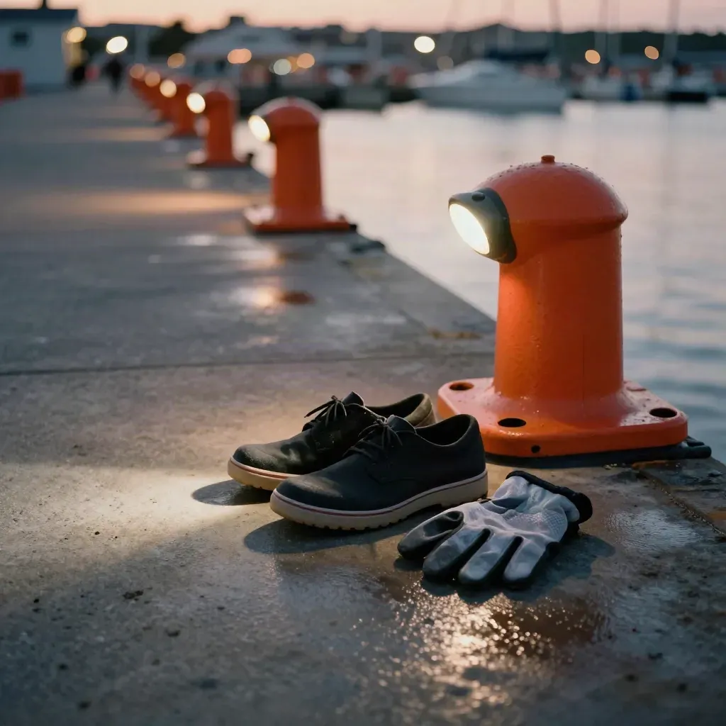 Scarpe antiscivolo, guanti e luci radenti su un molo umido al porto