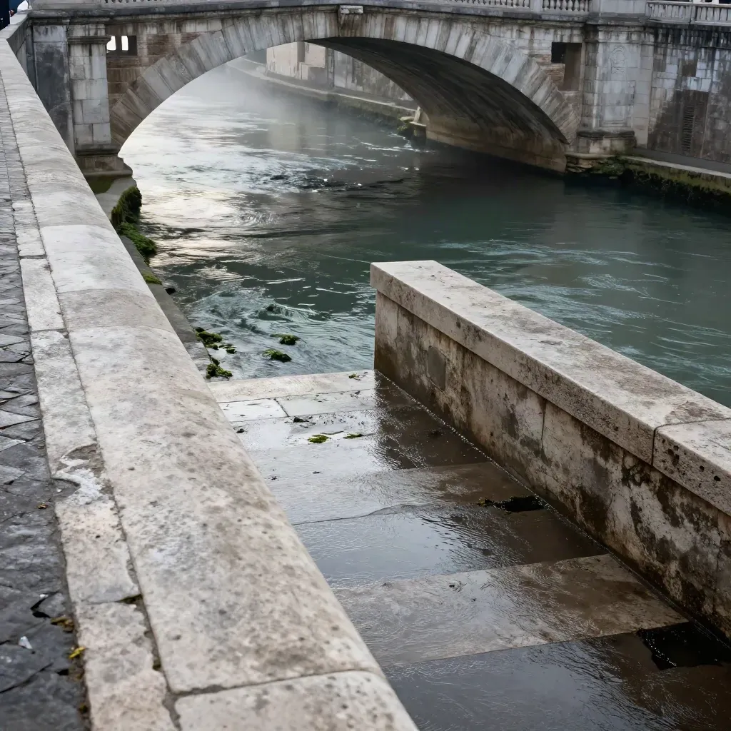 Scalinata umida del Tevere sotto Ponte Sisto, acqua scura e muraglione in foschia