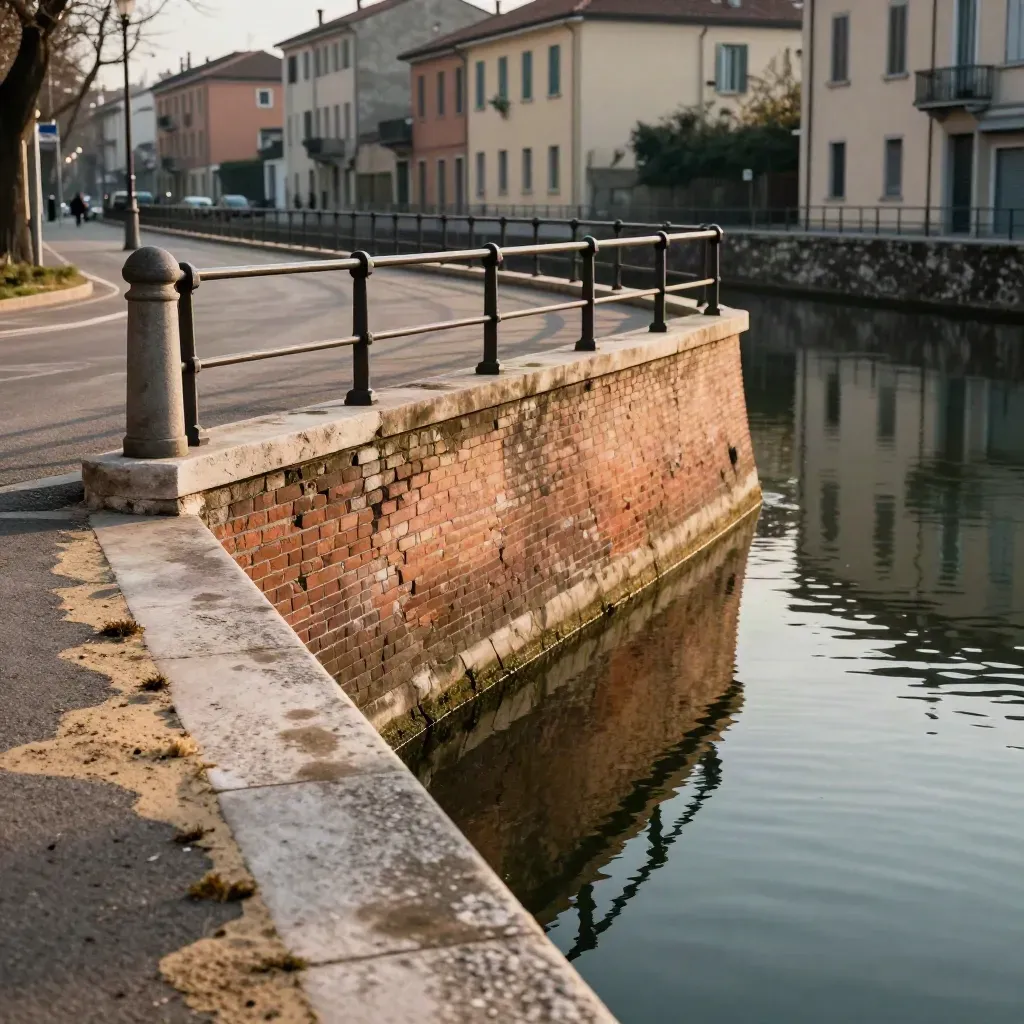 Canale del Naviglio di Milano con sponda in mattoni e riflessi morbidi al pomeriggio