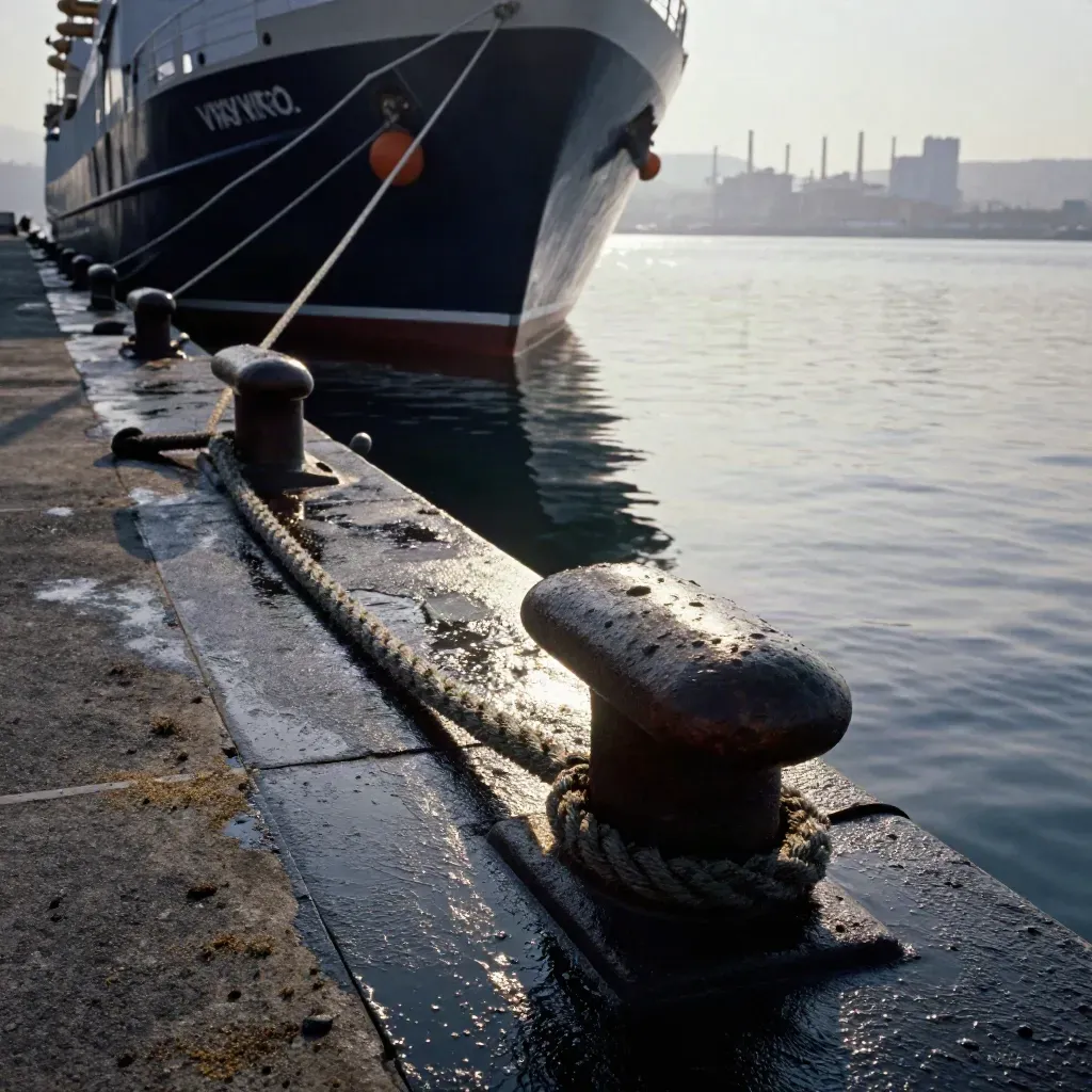 Porto Antico di Genova con bitte, cime tese e scafo in ombra al vento del tramonto.