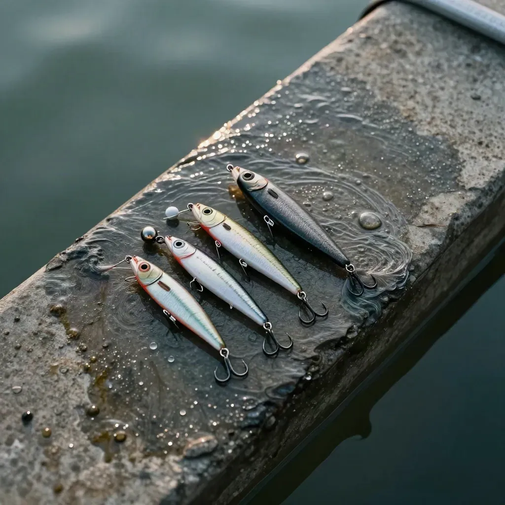 Tre esche da pesca su bordo bagnato di darsena con lieve increspatura dell’acqua