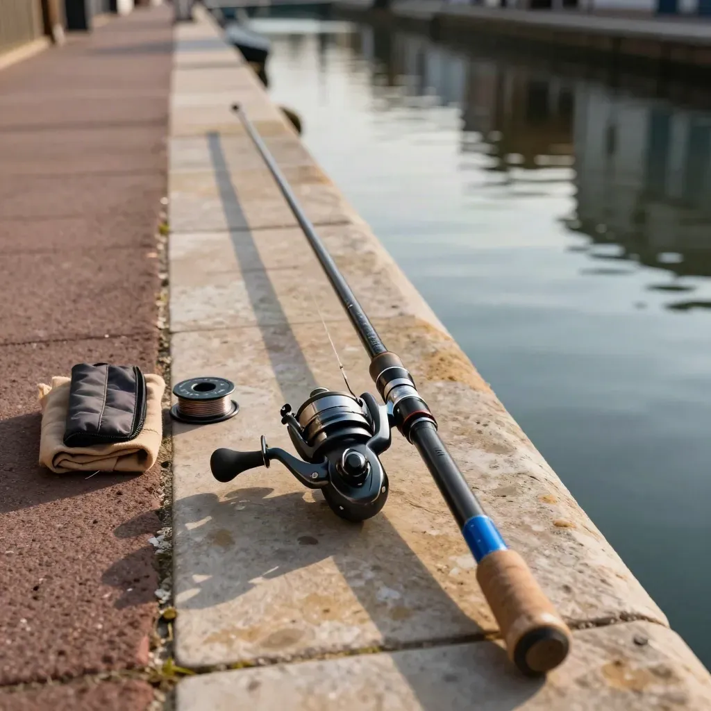 Canna da pesca urbana su molo stretto con acqua calma e luce calda pomeridiana.