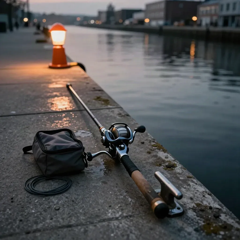 Molo urbano al tramonto con canna appoggiata e luce calda sul parapetto.
