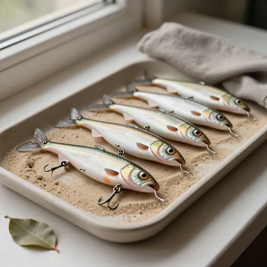 Vaschetta bassa con soft shad fumé, minnow slim e testine piombate su panno greige e foglia d’olivo