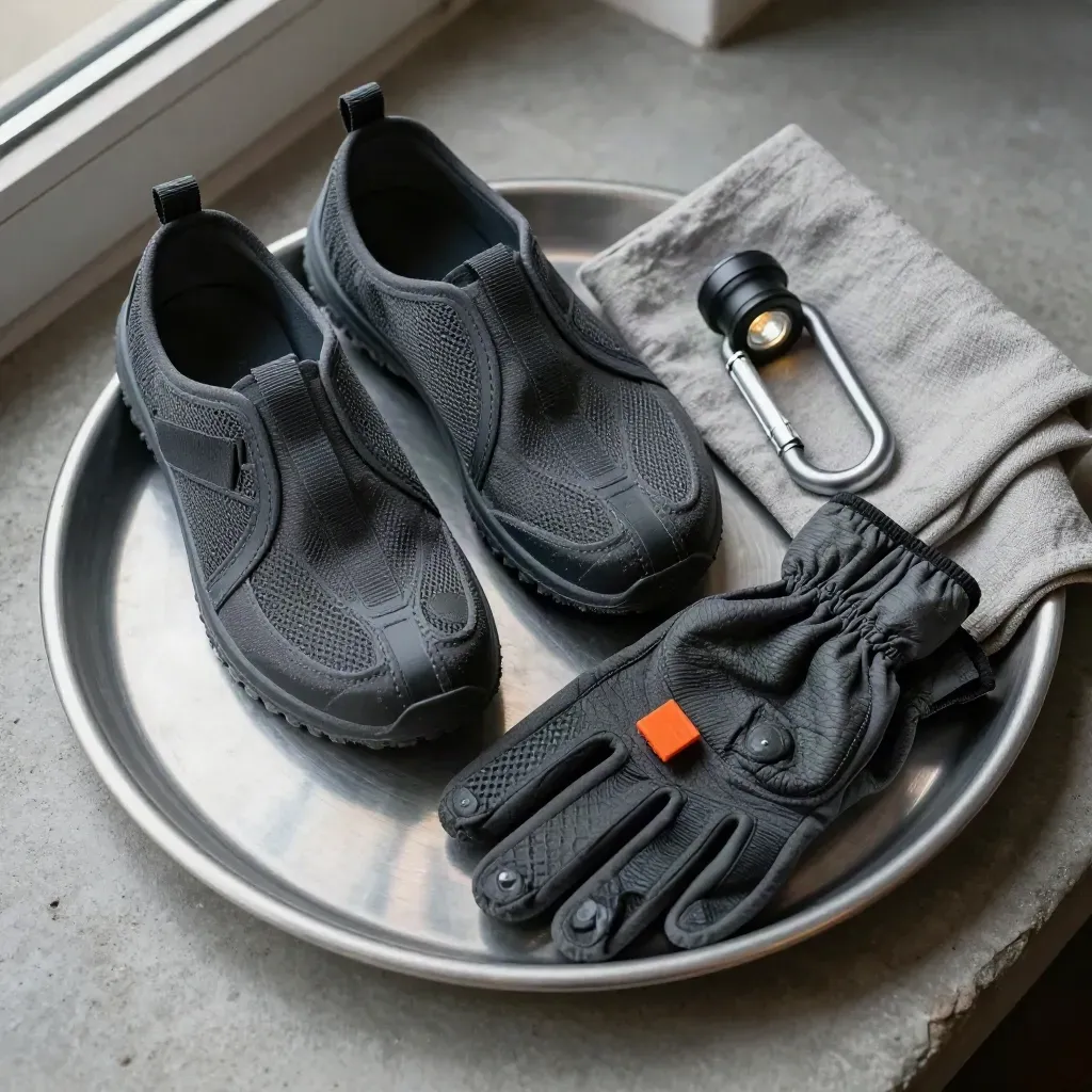 Kit di sicurezza per street fishing con scarpe tecniche, guanti, frontale e moschettone su vassoio metallico.